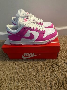 Nike Dunk Low White & Laser Fuchsia, Grade School Size 6.5Y (Women Size 8)